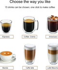 Display of six coffee varieties from an espresso machine, including espresso, coffee crema, Americano, barista, caffe latte, latte macchiato.