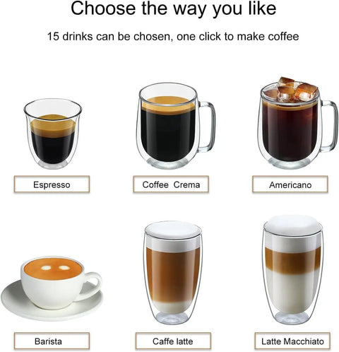 Image showing six types of coffee beverages in cups: Espresso, Coffee Crema, Americano, Barista, Caffe Latte, and Latte Macchiato.