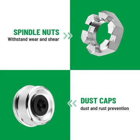 Ready To Roll Premium Trailer Hub Bearing Kit For Tandem Axles 5200 6000 Lb With spindle nuts and dust caps detail