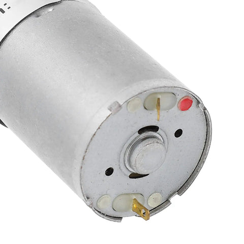 Close-up view of XD-25GA370 DC gear motor with metal gearbox showing connectors and durable metal casing for DIY projects.