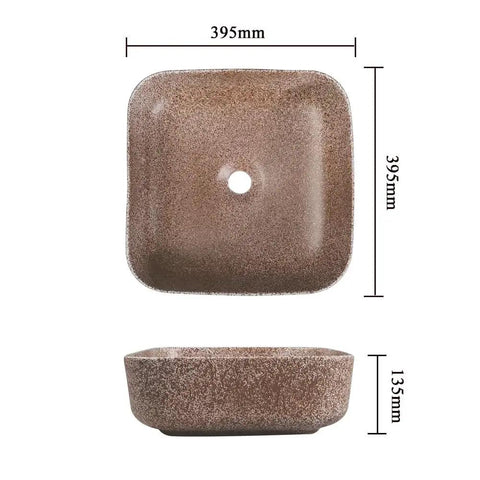 Bathroom Sink Bathroom Sink Modern Art Basin Hotel Apartment Bathroom Wash Basin Square Above Counter Basin Home Bathroom Wash Basin Bathroom Sink Vessel, 395mm square brown basin top and side view.
