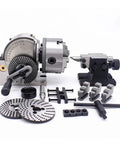 Heavy Duty 8 Inch Chuck Indexing Head Set With Precision Half Indexing for Milling Machines and Rotary Tables, includes various accessories.