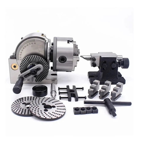 Heavy Duty 8 Inch Chuck Indexing Head Set With Precision Half Indexing for Milling Machines and Rotary Tables, includes various accessories.