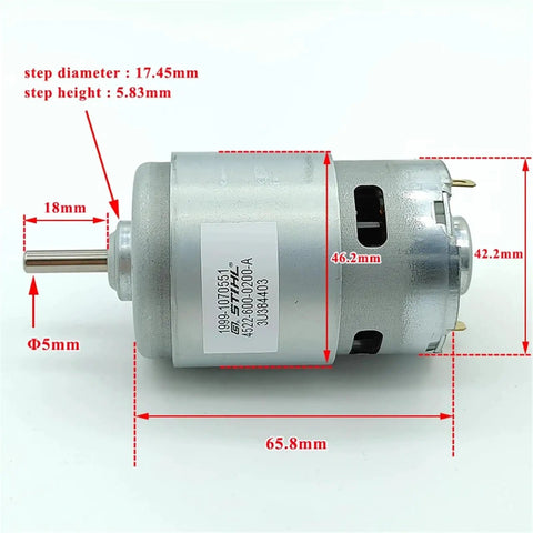 One Piece 12V 18V 24V DC Motor With Dual Ball Bearings 42mm High Speed Engine for DIY Electric Drills and Circular Saws, side view.