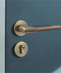 Silent Zinc Alloy Door Lock With Wood Grain Handle for bedroom security on a blue door