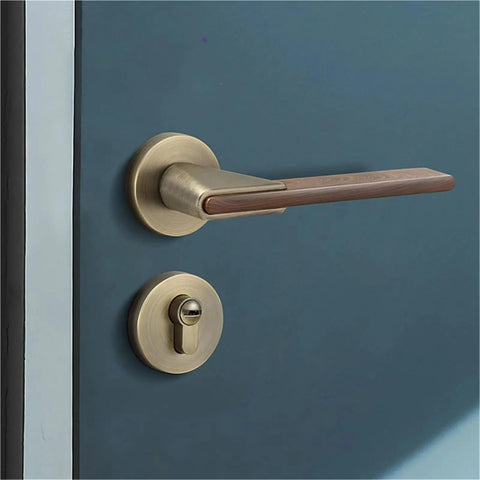 Silent Zinc Alloy Door Lock With Wood Grain Handle for bedroom security on a blue door