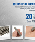 Industrial grade Pro Grade 20Pc 6Mm Steel Anvil Chisel Set for engraving and metalworking shown with stamping impression detail.