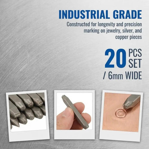 Industrial grade Pro Grade 20Pc 6Mm Steel Anvil Chisel Set for engraving and metalworking shown with stamping impression detail.