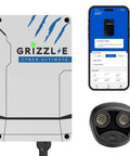 Heavy Duty Level Two Electric Vehicle Charger With A Badass Eighty Amp And Nineteen Point Two Kilowatt Rating Featuring Smart Wireless Connectivity Indoors Or Outdoors In A Tough As Nails Metal Housing And Twenty Five Foot Cord For Quick Nacs Connectors, showing charging unit with mobile app at side.
