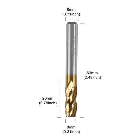 Carbide end mill bit, 4-flute, titanium-coated, 8 mm shank, 5/16 in cutter for wood and aluminum