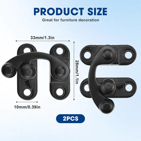 Two Pack Antique Black Hasp Latches With Alloy Swing Arm Clasp dimensions shown for tool chests and cabinets