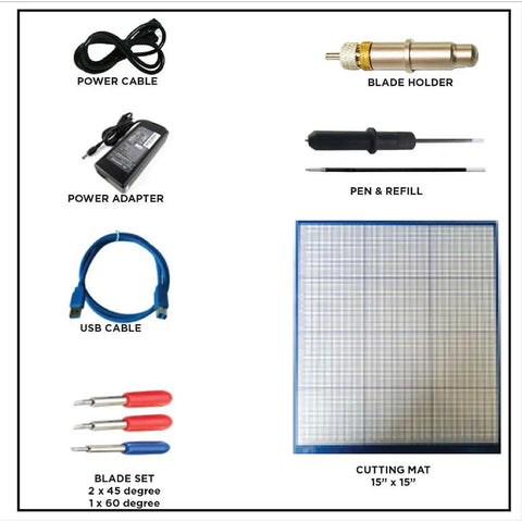 Accessories for P20 WiFi Vinyl Cutter Plotter For Home Crafting And Small Biz including cables, blades, pen, and cutting mat