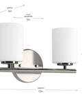 Two Light Etched White Glass Modern Bath Vanity Light In Brushed Nickel Finish with dimensions; 13in length, 8in height.