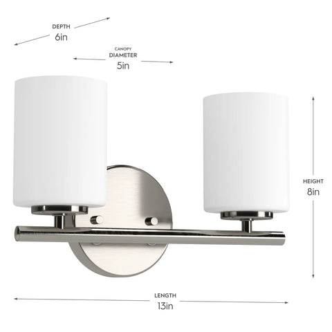 Two Light Etched White Glass Modern Bath Vanity Light In Brushed Nickel Finish with dimensions; 13in length, 8in height.