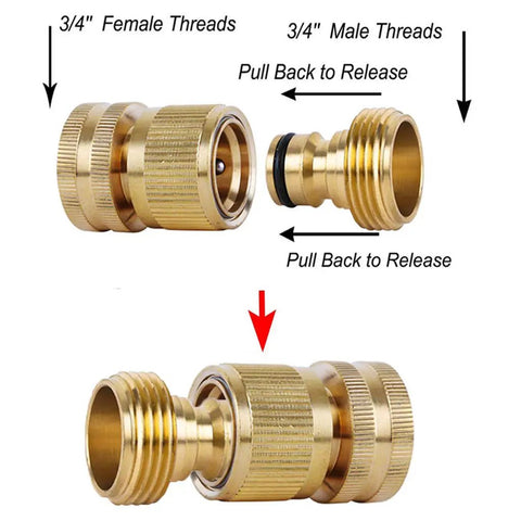 Solid Brass Garden Hose Quick Connectors Three Quarter Inch Standard Ght Thread No Leak Fittings Durable Heavy Duty Design With Male And Female Adapters Ideal For Hose Repair And Quick Changes 3 Pack, showing close-up view of connectors with arrows indicating 3/4 inch male and female threads.