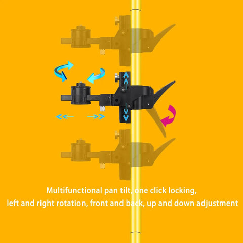 Pro Grade Laser Level Pole With Tripod For Rotary And Line Lasers showing adjustable pan tilt mechanism on yellow background