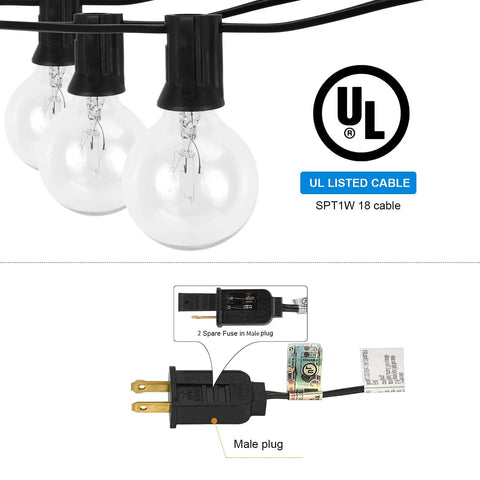 Close-up of UL listed cable and plug with 120 Foot Outdoor String Lights With G40 Edison Globe Bulbs, 126 Bulbs Plus 6 Spares