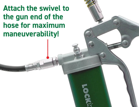Close-up of LockNLube LNL231 1/8 in NPT inline grease hose swivel connected to a manual grease gun