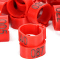 Sturdy As Heck Plastic Clip On Poultry Leg Bands 100 Pack For Birds Identification Bright red color leg rings with numbers.