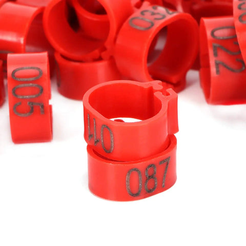 Sturdy As Heck Plastic Clip On Poultry Leg Bands 100 Pack For Birds Identification Bright red color leg rings with numbers.