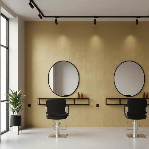 Salon with gold wall using Peel And Stick Brushed Faux Metal Architectural Film Self Adhesive Vinyl Film Wallpaper Door Wrap