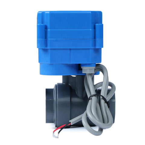 Heavy Duty Half Inch Upvc Motorized Ball Valve With Electric Two Wire Auto Return Switch, side view, blue and gray, for plumbing and irrigation.