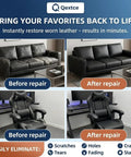 Heavy Duty Black Leather Repair Tape For Couch And Sofa Restoration shown on a black leather couch and gaming chair before and after repair.