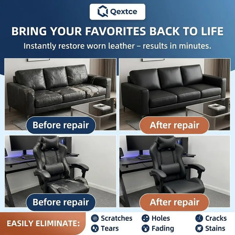 Heavy Duty Black Leather Repair Tape For Couch And Sofa Restoration shown on a black leather couch and gaming chair before and after repair.