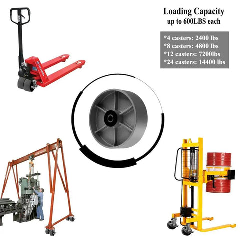 Heavy Duty Cast Iron Caster Wheels 6 Inch Diameter 2 Inch Wide Pack Of 2 with loading capacity details and equipment