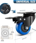 Heavy Duty Two Inch Swivel Caster Wheels Set Of Four With Brakes Dual Locking For Carts Furniture And Trolleys Premium Steel Housing 600 Lb Capacity For Easy Roll Mobility, blue wheel close-up with dimensions.