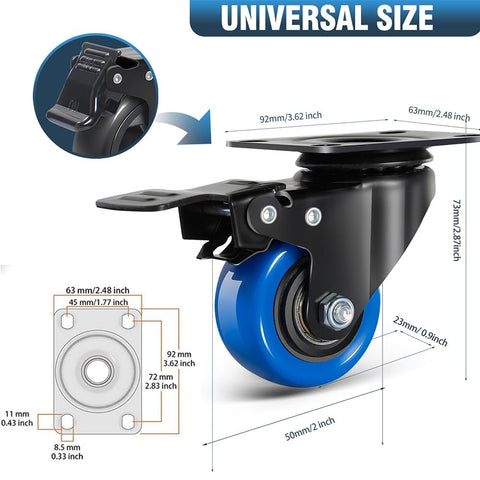 Heavy Duty Two Inch Swivel Caster Wheels Set Of Four With Brakes Dual Locking For Carts Furniture And Trolleys Premium Steel Housing 600 Lb Capacity For Easy Roll Mobility, blue wheel close-up with dimensions.