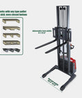 Tory Carrier Full Electric Pallet Stacker with adjustable forks for various pallet sizes in a compact design.
