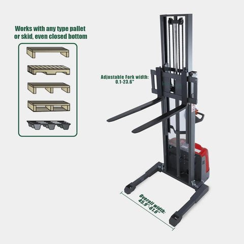 Tory Carrier Full Electric Pallet Stacker with adjustable forks for various pallet sizes in a compact design.