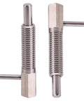 2 Pack M10 Stainless Steel Retractable Indexing Plunger Pins With L Handle Rock Solid Spring Loaded Safety Latch No Slack Telescopic Locking Pin close-up view