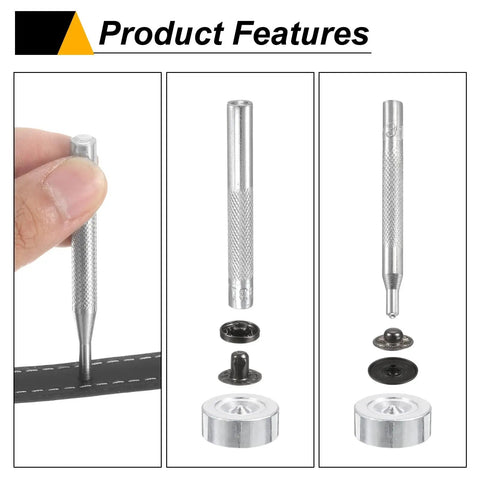 24 Piece Leather Snap Fastener Kit Matte Black 20mm Brass Press Stud Buttons With 4 Install Tools shown in use and disassembled