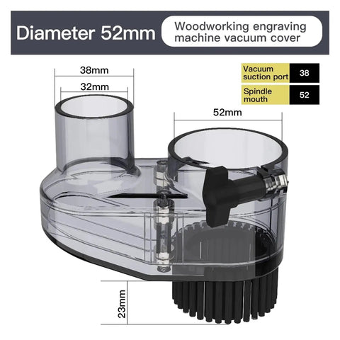 Badass 52Mm Cnc Dust Shoe Paired With A 38Mm Vacuum Hose And Heavy Duty Magnetic Mount Adjustable Height showing dimensions for effective dust collection.