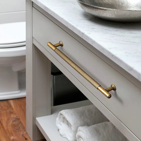 Antique Brass Cabinet Pulls 6 Pack Vintage Bronze Drawer Handles 7 1 4 Inch Center To Center installed on kitchen cabinet