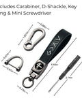 Legit Faith Driven Christian Cross Leather Keychain For Men features carabiner, D-shackle, key ring, mini screwdriver, and sizes.