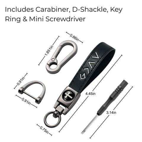Legit Faith Driven Christian Cross Leather Keychain For Men features carabiner, D-shackle, key ring, mini screwdriver, and sizes.
