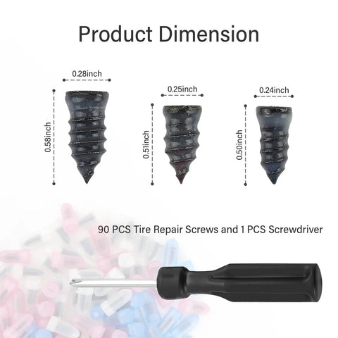 Pack Of 90 Tire Repair Kit With Plugs And Screwdriver, Do It Yourself Flat Tire Fix, Three Size Screw In Tire Plugs For Most Cars, Puncture Repair Kit Today image showing three plug sizes and a screwdriver.