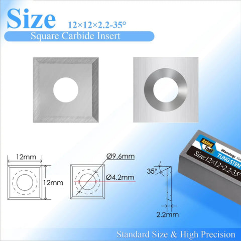 Heavy Gauge 12mm Square Tungsten Carbide Planer Blades Packing Four Indexable Cutting Edges And Mirror Polish for detailed size illustration.