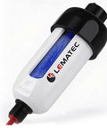 Close-up of air dryer for compressor with replaceable desiccant element and water separator, LEMATEC branding visible.