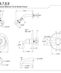 Diagram of Magellan Single-Handle Pressure Balanced Tub And Shower Faucet In Brushed Nickel with measurements and features.