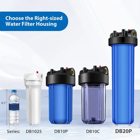 Comparison of water filter housings including a Whole House Water Filter Housing 20 Inch By 4.5 Inch Universal Pre Filtration System.