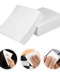 Top Tier Lint Free Cleanroom Wipes Bulk 900 Pack 6 Inch White Polyester Plus Wood Pulp Blend stacked and in use for cleaning surfaces.