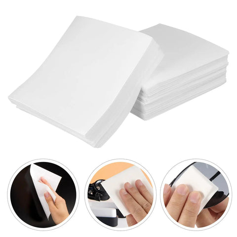Top Tier Lint Free Cleanroom Wipes Bulk 900 Pack 6 Inch White Polyester Plus Wood Pulp Blend stacked and in use for cleaning surfaces.