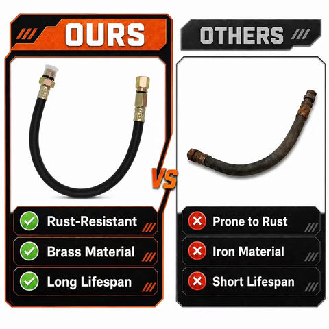 Comparison of beefed up flex drain oil hose with rust-resistant brass fittings vs competitor's rust-prone iron hose.