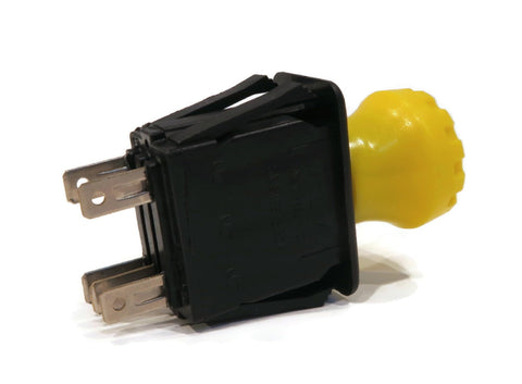 Side view of Yellow 12V DC Push Button Rotary Actuator Switch With 2 Position Normally Open 2 Way Flush Mount IP54 Protection ETL CE Listed.