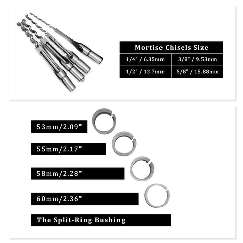 Mortising Attachment for Drill Press With Bench Locator Kit showing 4 chisels and split-ring bushings for precise square holes.