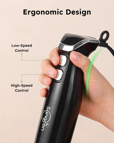 Hand holding black Immersion Hand Blender All In One Electric Stick Blender With Whisk And Milk Frother Attachments 400W Stainless Steel Blades